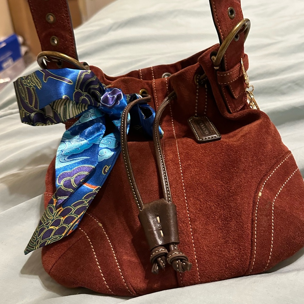 Coach Brown Suede Bucket Bag with Blue Scarf Accent